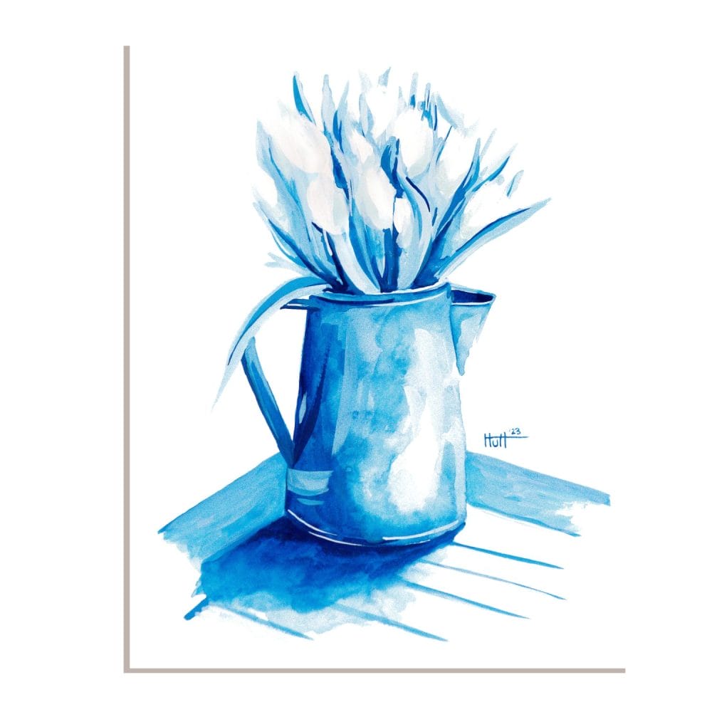 Blue & White Tulips in pitcher art print