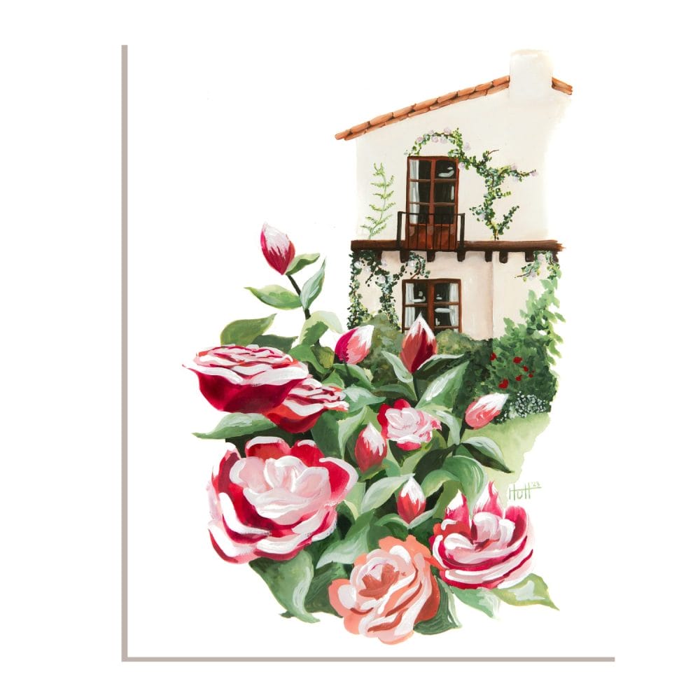 Spanish Revival Gouache Painting in Rose Garden