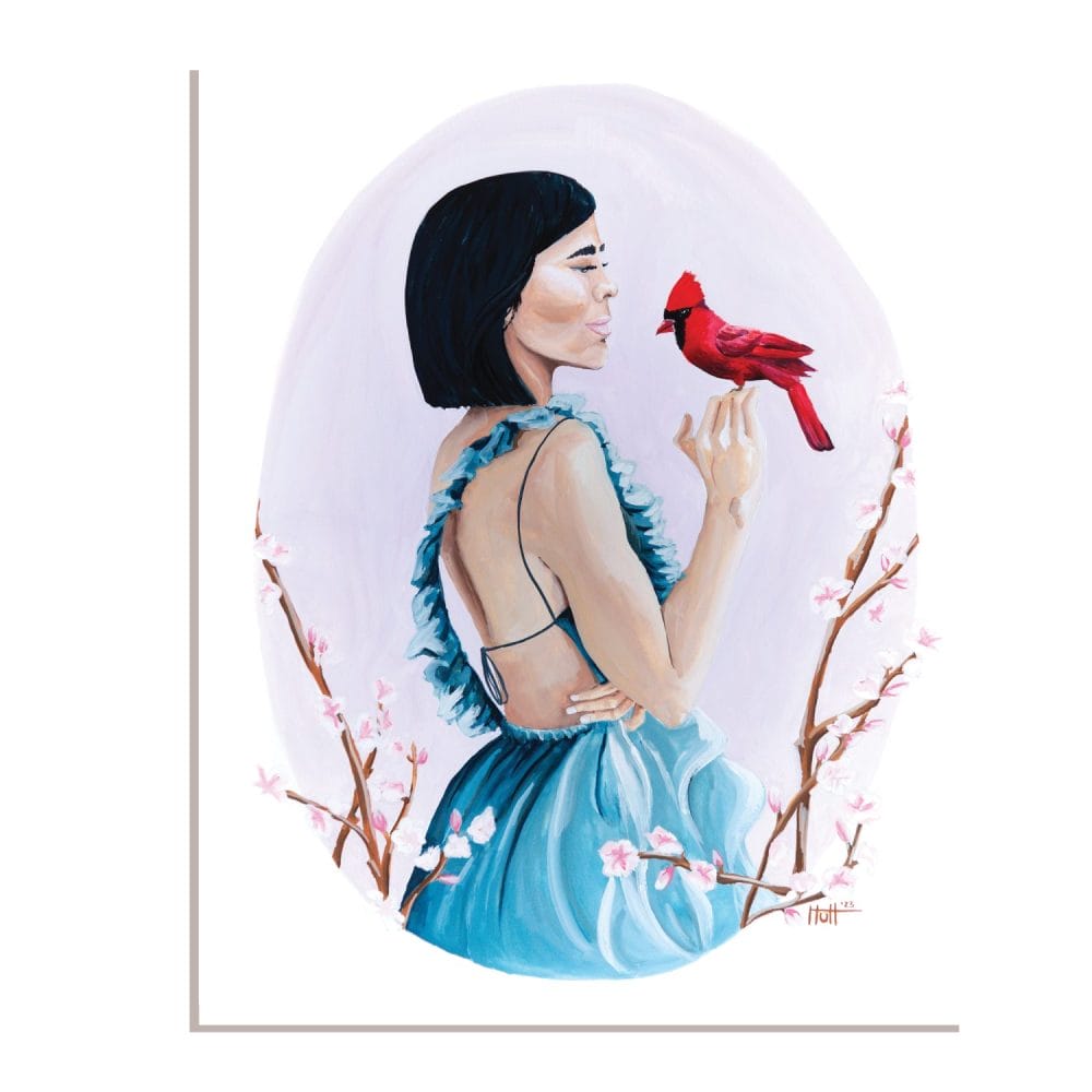 Uncaged: Grace gouache painting woman holding cardinal