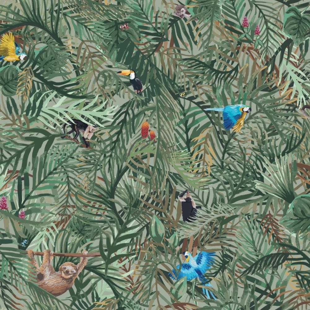 Hide and seek tropical wallpaper with hidden animals for kids to find.
