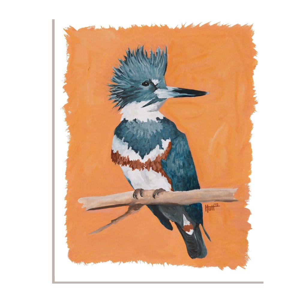 Kingfisher gouache painting with orange background