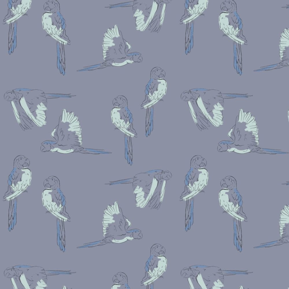 Macaws flying two by two in purple wallpaper by Modern Magic